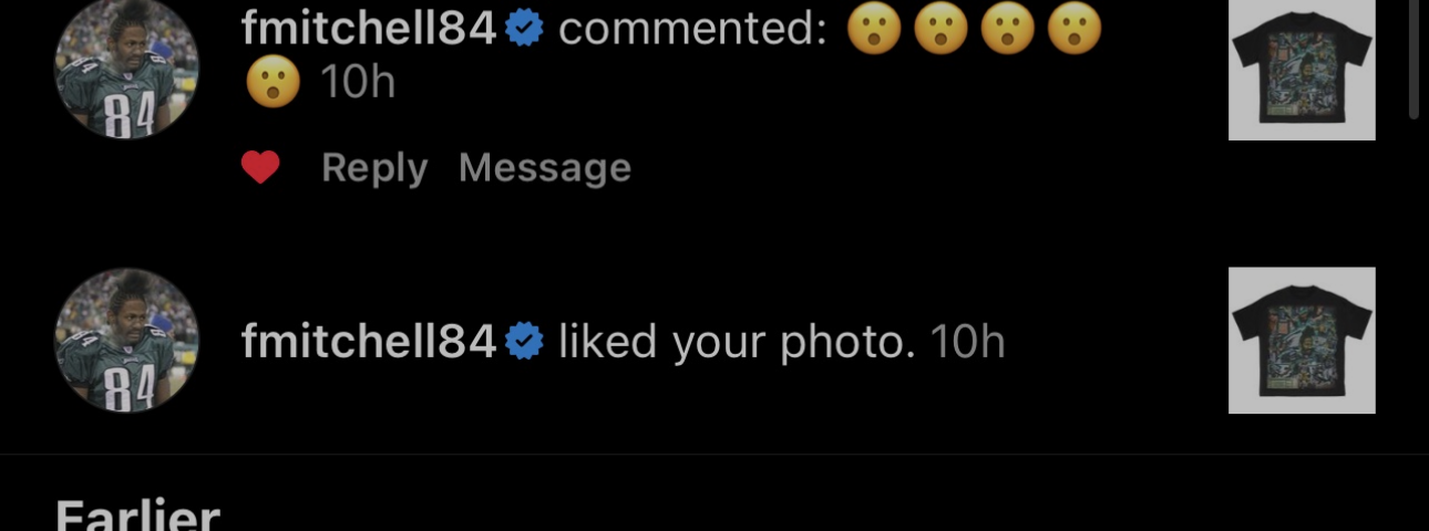Freddie Mitchell (verified, @fmitchell84) commented and liked the Die Hard Addicts 4th & 26 design